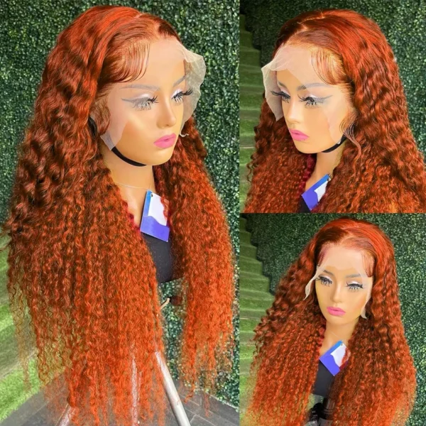 Orange colored Water wave 13x6 hd lace frontal human hair wig Preplucked deep wave 30 inch ginger lace front curly wigs on sale - Image 3