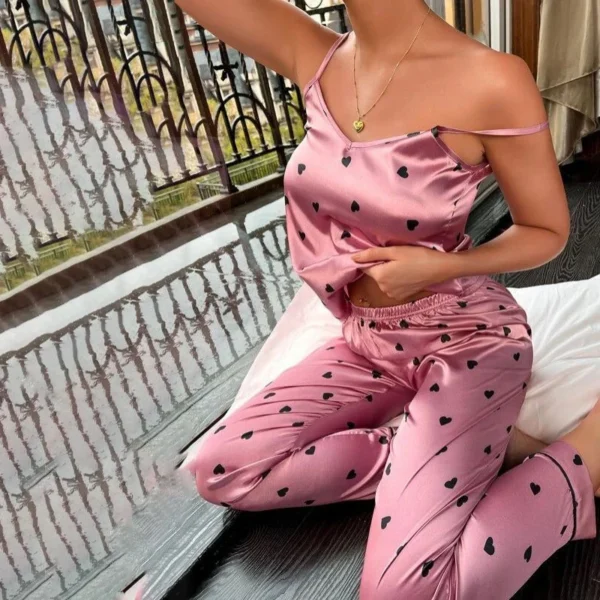 Women Satin Silk Pajamas Sets Letter Print Cami Vest Shirt With Trouser Sleepwear Ladie Sexy Pajama Lingerie Pyjamas Nightwear - Image 4