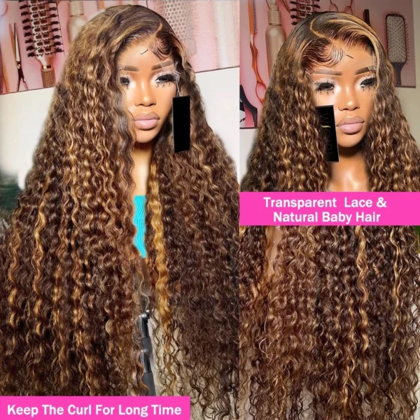 Hd Transparent Curly Highlight 13x6 Lace Frontal Wig Human Hair Deep Wave Blonde Ombre Color Water Wave Lace Font Wigs For Women - Image 4