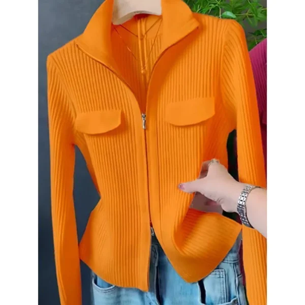 Fashion Zipper Short Knitted Cardigan Sweater 2025 Spring Autumn New Korean Versatile Coat Top Turn-Down Col Sweater Solid Color - Image 8