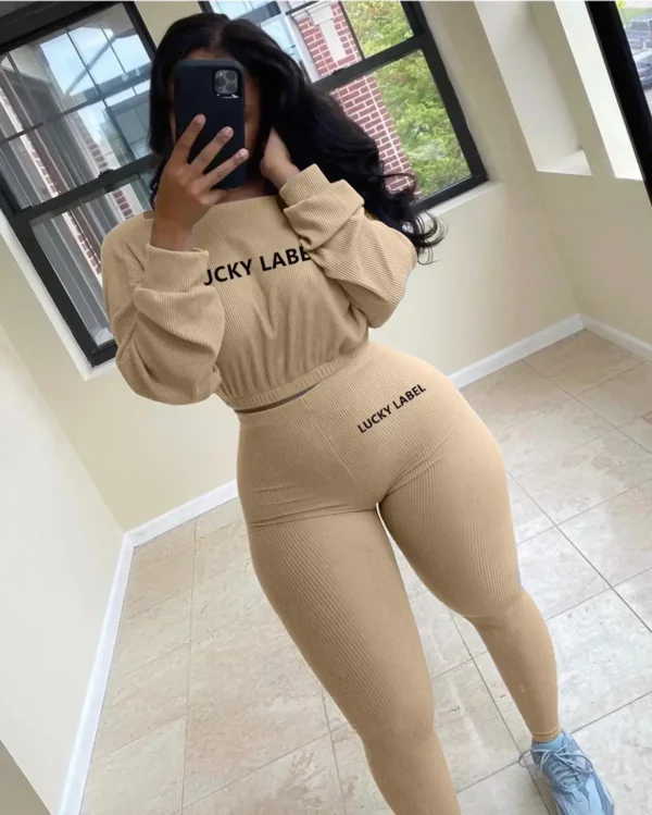 Fashion Summer Solid Lucky Label Letter Embroidery Two Piece Sets Women Sweatshirt+Leggings Casual Sporty Tracksuits Female - Image 5