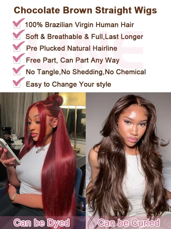 Chocolate Brown Straight 13x4 13x6 Hd Lace Frontal Wig Brazilian Colored T Part Human Hair Wigs For Women Preplucked 30 36 Inch - Image 4