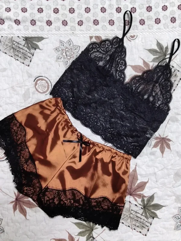 2 Pieces Pajamas Set for Women Sleepwear Sexy Lingerie Lace Silk Crop Tops and Shorts Sets Casual Nightwear Pijamas - Image 13