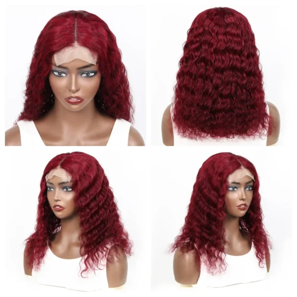 99J Burgundy Short Bob Wigs Human Hair 180 Density 4x4 Lace Front Wig Deep Wave Pre Plucked Transparent Lace Frontal Curly Wig - Image 4