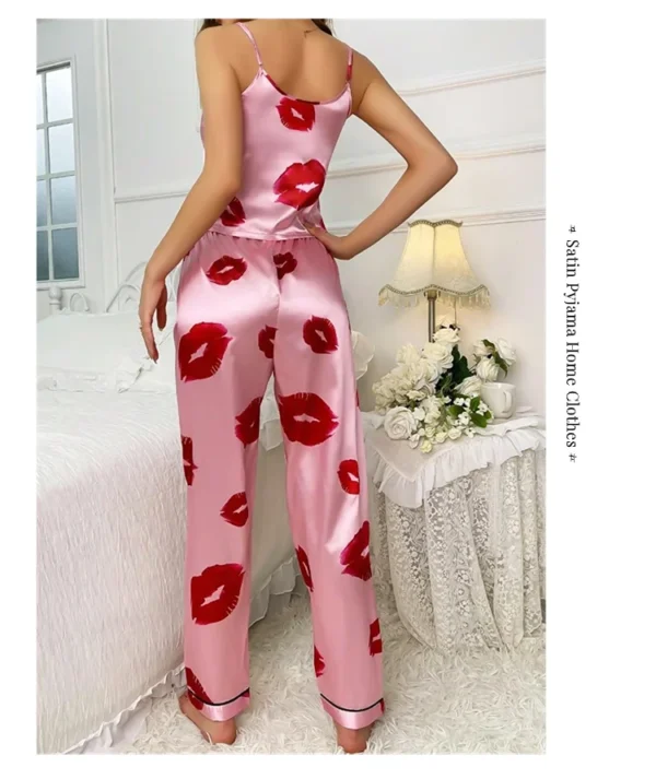 Women's Satin Pajama Set with Lip Print V-Neck Cami Top and Elastic Pants For Women Pijama Comfortable Sleep and Loungwear - Image 13