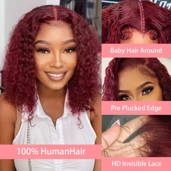 99J Burgundy Short Bob Wigs Human Hair 180 Density 4x4 Lace Front Wig Deep Wave Pre Plucked Transparent Lace Frontal Curly Wig - Image 10