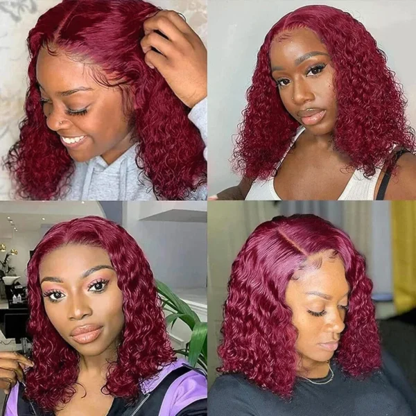 99J Burgundy Short Bob Wigs Human Hair 180 Density 4x4 Lace Front Wig Deep Wave Pre Plucked Transparent Lace Frontal Curly Wig - Image 12