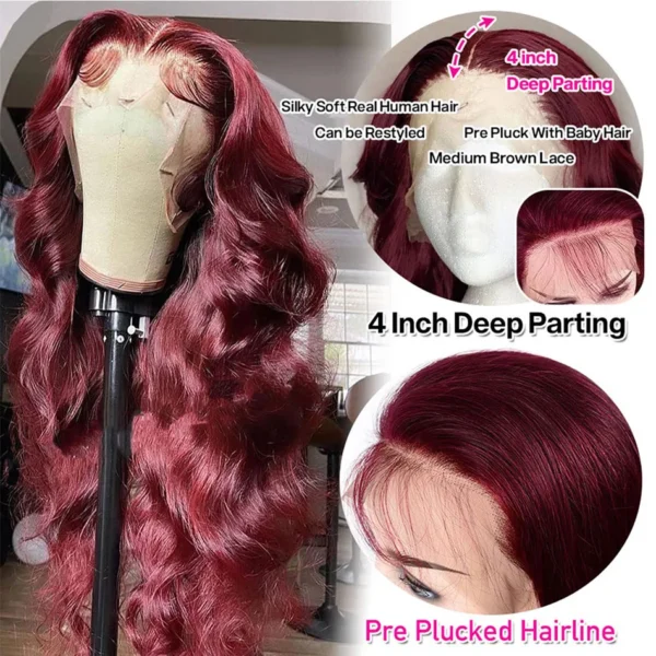 Wiggogo 30 Inch Hd Lace Wig 13X6 Hd Lace Frontal Wig 13X4 Red Lace Front Human Hair Wigs 99J Burgundy Body Wave Lace Front Wigs - Image 4