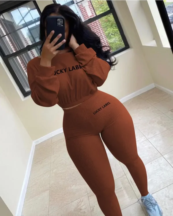 Fashion Summer Solid Lucky Label Letter Embroidery Two Piece Sets Women Sweatshirt+Leggings Casual Sporty Tracksuits Female - Image 6