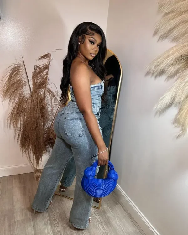 Multi Pockets Jeans Cargo Jumpsuit Sexy Women Strapless Elegant Denim Casual Overalls Romper - Image 3