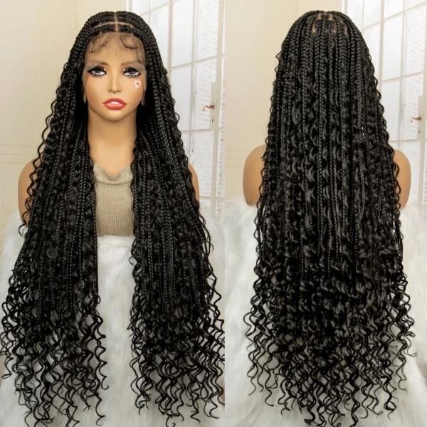 36 Inches Long Boho Braided Wigs with Baby Hair Synthetic Full Lace Knotless Box Braiding Wig with Curly Lace Frontal Wig - Image 2