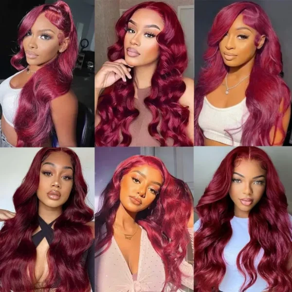 99J Burgundy Lace Frontal Wig 13x6 Body Wave Lace Front Wig HD Transparent Lace Frontal Wig Human Hair Pre Plucked 99j Red Color - Image 4