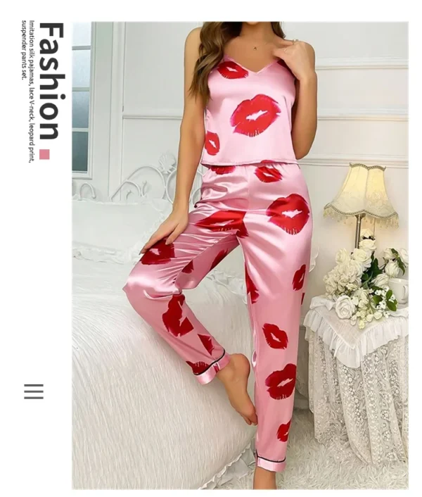 Women's Satin Pajama Set with Lip Print V-Neck Cami Top and Elastic Pants For Women Pijama Comfortable Sleep and Loungwear - Image 12