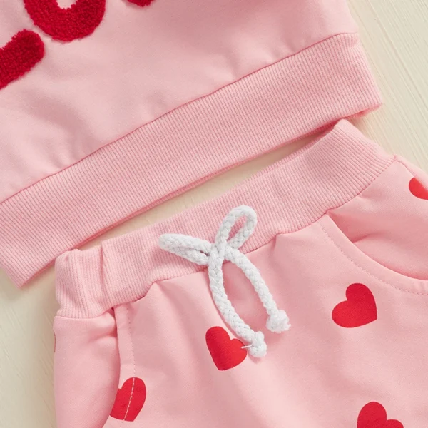 Baby Girls 2-piece Outfit Long Sleeve Embroidery Letters Hoodie with Heart Print Sweatpants Valentines Day Clothes Sets - Image 15