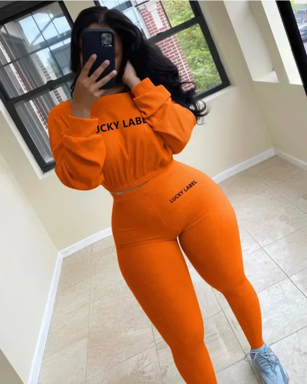 Fashion Summer Solid Lucky Label Letter Embroidery Two Piece Sets Women Sweatshirt+Leggings Casual Sporty Tracksuits Female - Image 34