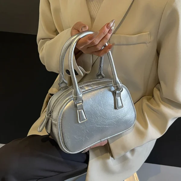 Silver Small Square Bag PU Handheld Crossbody Bag Bowling Bag Fashion Casual Women's Boston Commuter Bag - Image 7