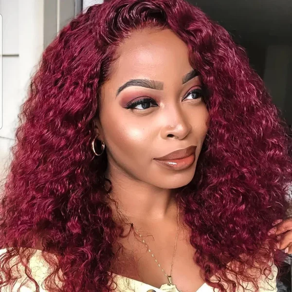 99J Burgundy Short Bob Wigs Human Hair 180 Density 4x4 Lace Front Wig Deep Wave Pre Plucked Transparent Lace Frontal Curly Wig - Image 3