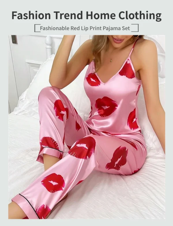 Women's Satin Pajama Set with Lip Print V-Neck Cami Top and Elastic Pants For Women Pijama Comfortable Sleep and Loungwear - Image 7