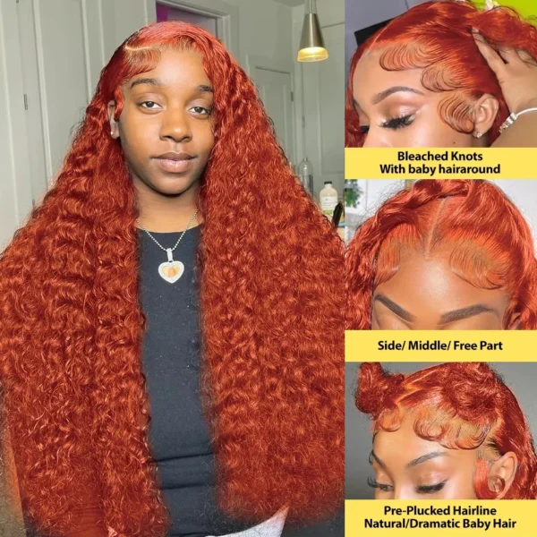 Orange colored Water wave 13x6 hd lace frontal human hair wig Preplucked deep wave 30 inch ginger lace front curly wigs on sale - Image 5