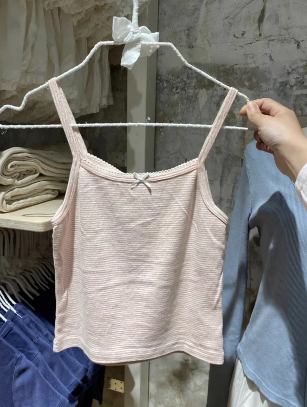 Sweet Pink Striped Lace Crop Top Cute Bow Soft Cotton Sleeveless Summer Camis Vests Women Vintage Harajuku Slim Tank Tops Y2k - Image 20