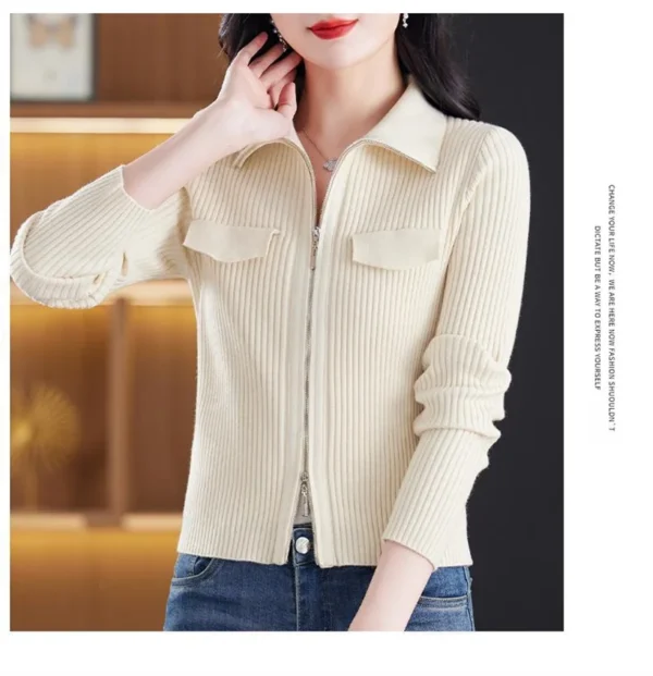 Fashion Zipper Short Knitted Cardigan Sweater 2025 Spring Autumn New Korean Versatile Coat Top Turn-Down Col Sweater Solid Color - Image 25