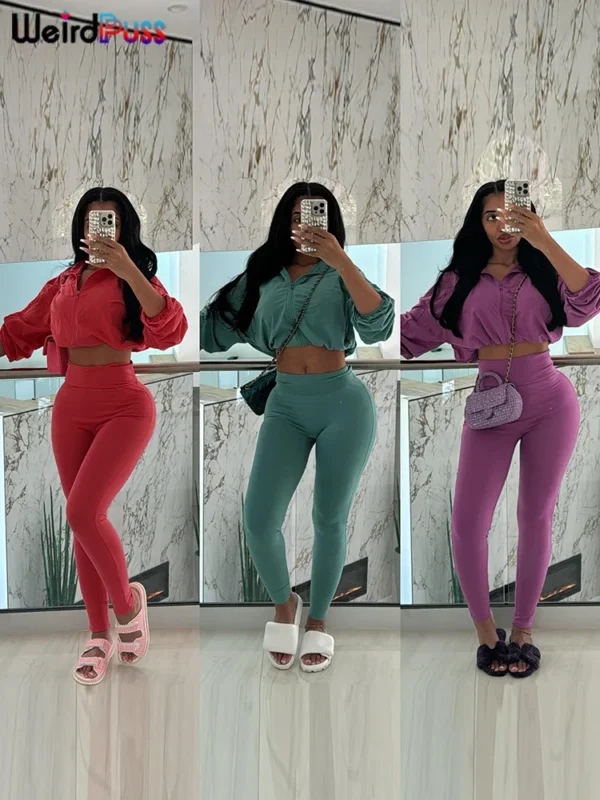 Weird Puss 2024 Autumn Women 2 Piece Set Casual Tracksuit Zipper Thin Drawstring Jacket+Leggings Matching Streetwear Sporty Suit - Image 22