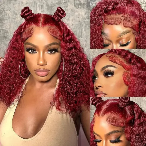 99J Burgundy Short Bob Wigs Human Hair 180 Density 4x4 Lace Front Wig Deep Wave Pre Plucked Transparent Lace Frontal Curly Wig - Image 9