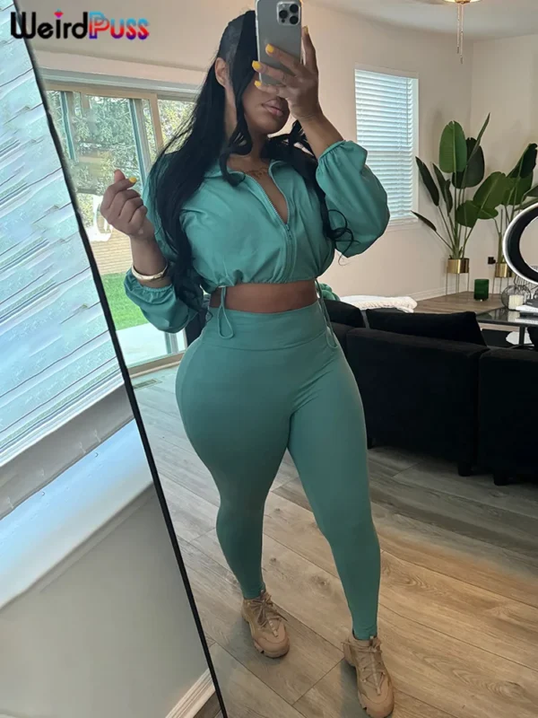 Weird Puss 2024 Autumn Women 2 Piece Set Casual Tracksuit Zipper Thin Drawstring Jacket+Leggings Matching Streetwear Sporty Suit - Image 2