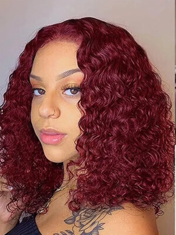 99J Burgundy Short Bob Wigs Human Hair 180 Density 4x4 Lace Front Wig Deep Wave Pre Plucked Transparent Lace Frontal Curly Wig - Image 8