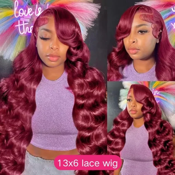 99J Burgundy Lace Frontal Wig 13x6 Body Wave Lace Front Wig HD Transparent Lace Frontal Wig Human Hair Pre Plucked 99j Red Color - Image 3