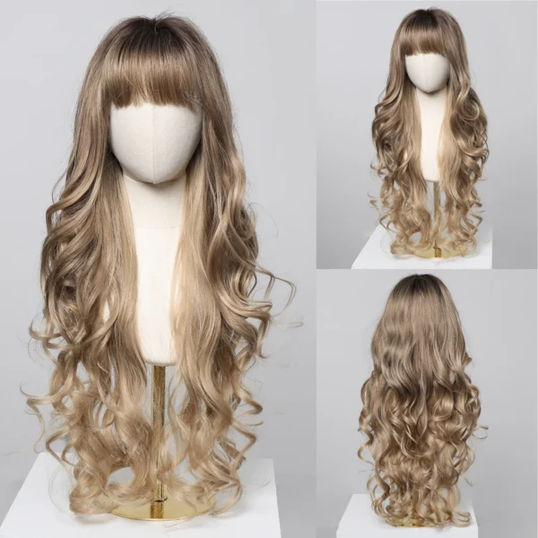 Loose Body Wave Synthetic Wigs Long Brown Blonde Ombre Wig with Bangs Wave Curl Wigs for Black Women Heat Resistant Daily Party - Image 5