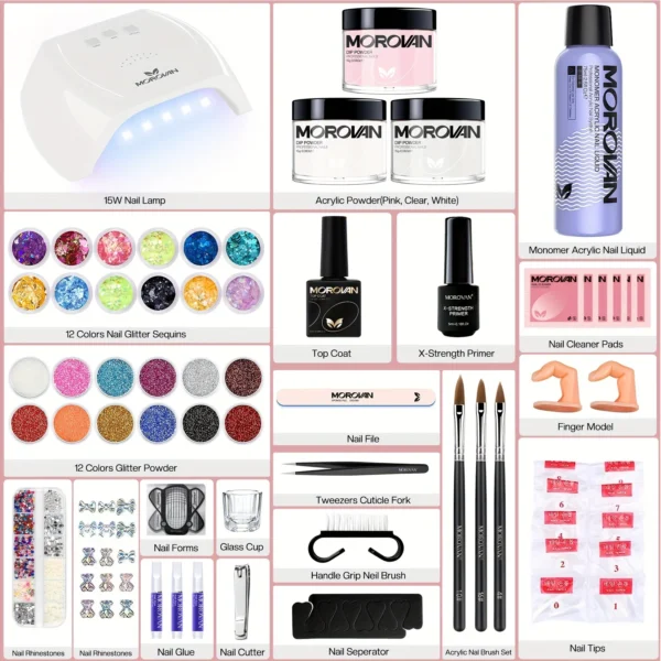 Morovan Acrylic Nail Kit for Beginners:with Everything Professional AcrylicNail Kits Set with Glitter AcrylicPowder UV Lamp for - Image 3