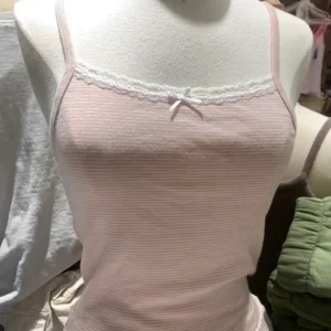 Sweet Pink Striped Lace Crop Top Cute Bow Soft Cotton Sleeveless Summer Camis Vests Women Vintage Harajuku Slim Tank Tops Y2k