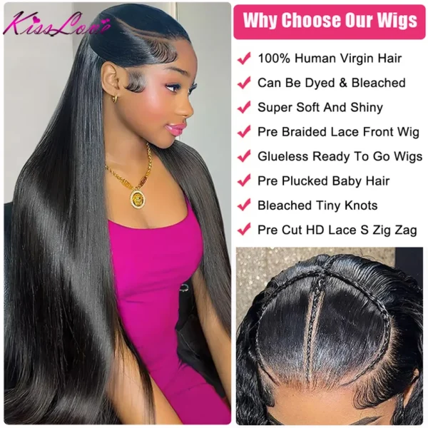 KissLove Straight Pre Braided Lace Front Wig Ready To Go Wigs Invisible HD Lace Frontal Wig Human Hair Pre Everything Done Wigs - Image 2