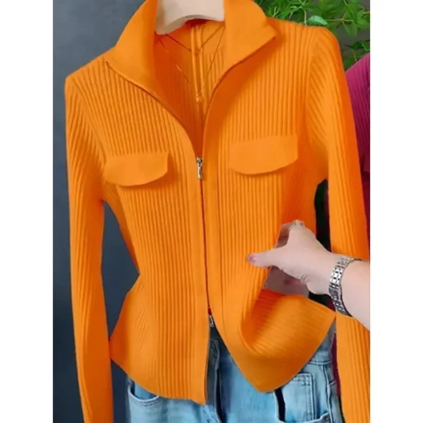Fashion Zipper Short Knitted Cardigan Sweater 2025 Spring Autumn New Korean Versatile Coat Top Turn-Down Col Sweater Solid Color - Image 3