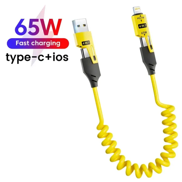 4 in 1 65W Spring Short Data Cable 6A USB Type C Spring Telescopic Quick Charger Wire Spring USB Cable for iPhone 15 14 13 12 - Image 7