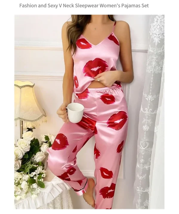 Women's Satin Pajama Set with Lip Print V-Neck Cami Top and Elastic Pants For Women Pijama Comfortable Sleep and Loungwear - Image 11