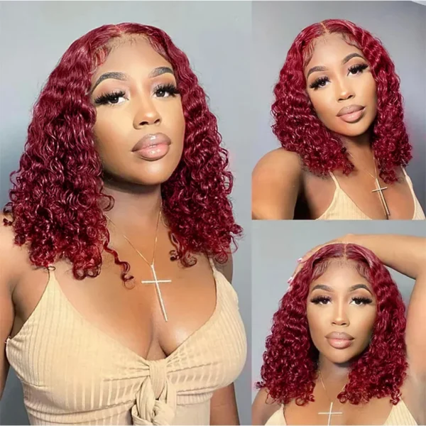 99J Burgundy Short Bob Wigs Human Hair 180 Density 4x4 Lace Front Wig Deep Wave Pre Plucked Transparent Lace Frontal Curly Wig - Image 6