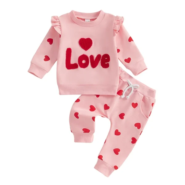 Baby Girls 2-piece Outfit Long Sleeve Embroidery Letters Hoodie with Heart Print Sweatpants Valentines Day Clothes Sets - Image 10