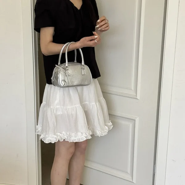Silver Small Square Bag PU Handheld Crossbody Bag Bowling Bag Fashion Casual Women's Boston Commuter Bag - Image 10