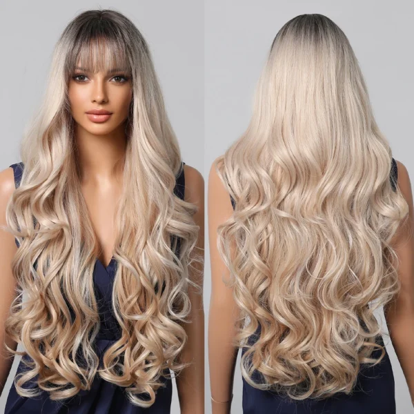 Loose Body Wave Synthetic Wigs Long Brown Blonde Ombre Wig with Bangs Wave Curl Wigs for Black Women Heat Resistant Daily Party - Image 9