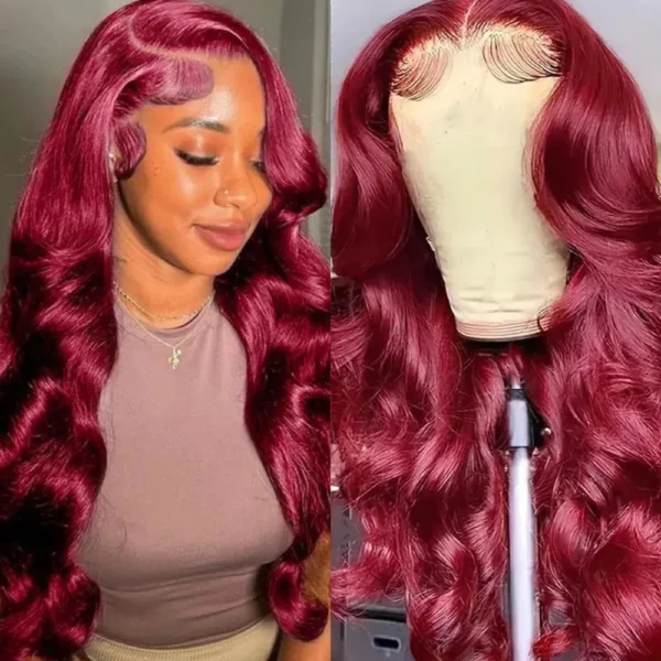 99J Burgundy Lace Frontal Wig 13x6 Body Wave Lace Front Wig HD Transparent Lace Frontal Wig Human Hair Pre Plucked 99j Red Color - Image 8