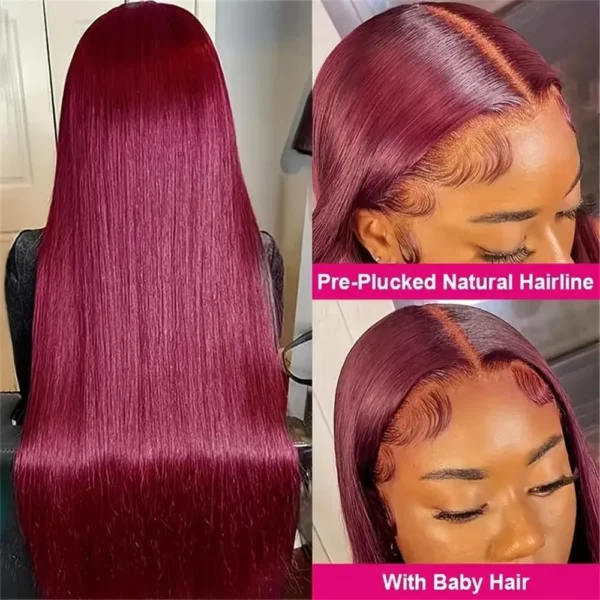 Burgundy 13x6 HD Lace Frontal Human Hair Wig Straight wig 13x4 Lace Front Human Hair Wigs For Women 99J Colored 200 High Density - Image 3
