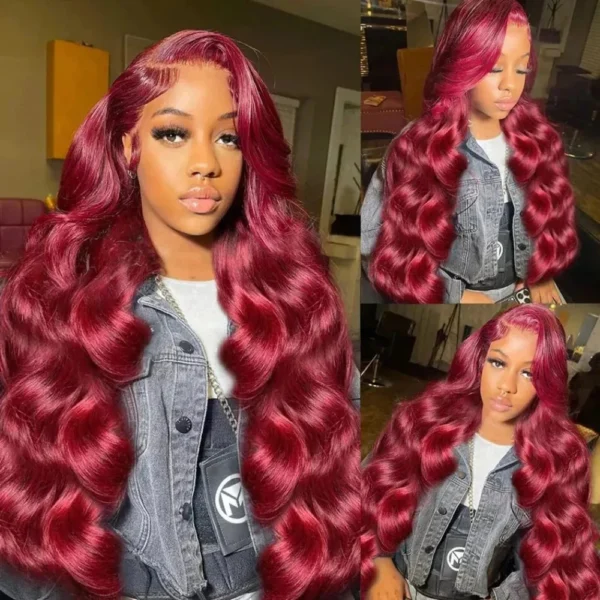 99J Burgundy Lace Frontal Wig 13x6 Body Wave Lace Front Wig HD Transparent Lace Frontal Wig Human Hair Pre Plucked 99j Red Color - Image 11