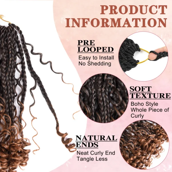 8 Packs Synthetic 12 Inch Goddess Box Braids Crochet Hair Boho Box Braids With Curl Ends Hair Extensions for Women Black - Image 3
