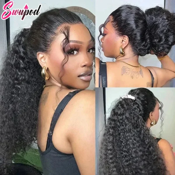 250 Density HD Invisi Strap 360 Full Lace Frontal Kinky Curly Wig 30 inch Black Human Hair Drawstring Snug Water Wig Glueless - Image 3