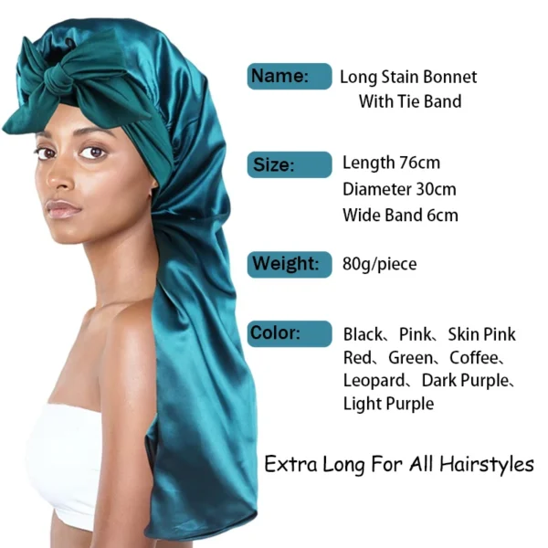 Soft Silky Long Satin Bonnet For Natural Hair And Curly Hair Extra Large Size Hair Cap With Tie For Comfortable Night Sleep 1Pcs - Image 2