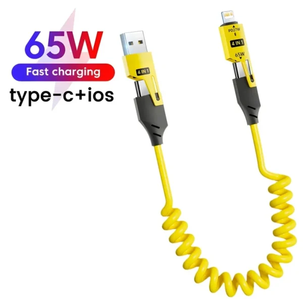 4 in 1 65W Spring Short Data Cable 6A USB Type C Spring Telescopic Quick Charger Wire Spring USB Cable for iPhone 15 14 13 12 - Image 2