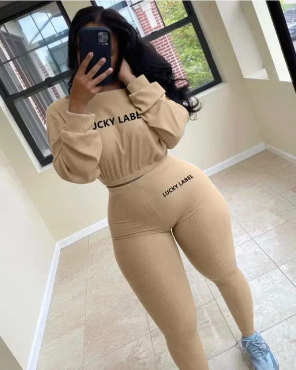 Fashion Summer Solid Lucky Label Letter Embroidery Two Piece Sets Women Sweatshirt+Leggings Casual Sporty Tracksuits Female - Image 28