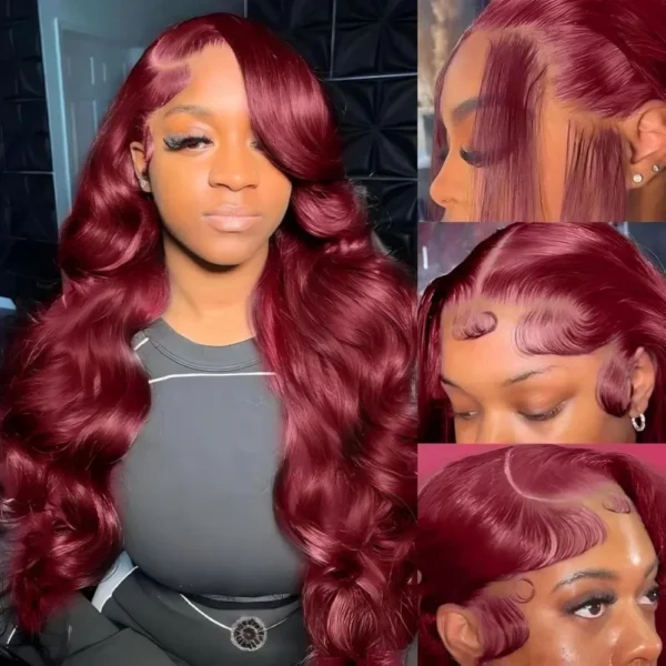 99J Burgundy Lace Frontal Wig 13x6 Body Wave Lace Front Wig HD Transparent Lace Frontal Wig Human Hair Pre Plucked 99j Red Color - Image 10